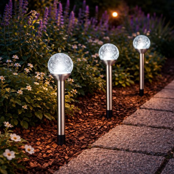 Entac Kerti Szolár lámpa 340 mm, rozsdamentes acél test, üveg gömb fej, fehér fényű LED