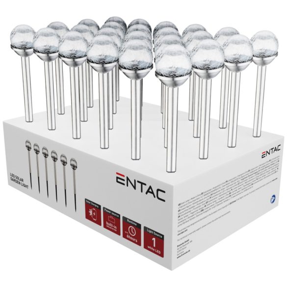 Entac Kerti Szolár lámpa 340 mm, rozsdamentes acél test, üveg gömb fej, fehér fényű LED