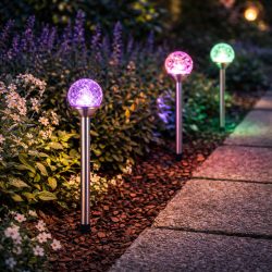   Entac Kerti Szolár lámpa 340 mm, rozsdamentes acél test, üveg gömb fej, színes (RGB) LED