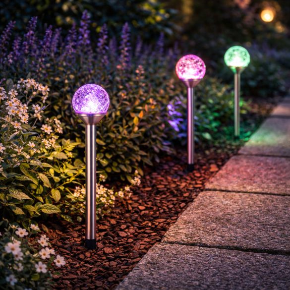 Entac Kerti Szolár lámpa 340 mm, rozsdamentes acél test, üveg gömb fej, színes (RGB) LED