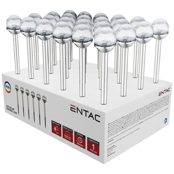 Entac Kerti Szolár lámpa 340 mm, rozsdamentes acél test, üveg gömb fej, színes (RGB) LED