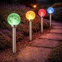   Entac Kerti Szolár lámpa 400 mm, rozsdamentes acél test, üveg gömb fej, színes fényű RGB LED