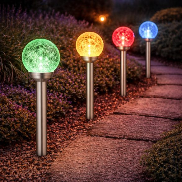 Entac Kerti Szolár lámpa 400 mm, rozsdamentes acél test, üveg gömb fej, színes fényű RGB LED