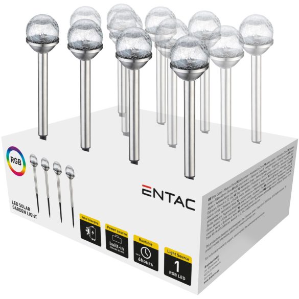 Entac Kerti Szolár lámpa 400 mm, rozsdamentes acél test, üveg gömb fej, színes fényű RGB LED