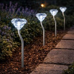   Entac Kerti Szolár lámpa 300 mm, rozsdamentes acél, kristály forma, fehér fényű LED