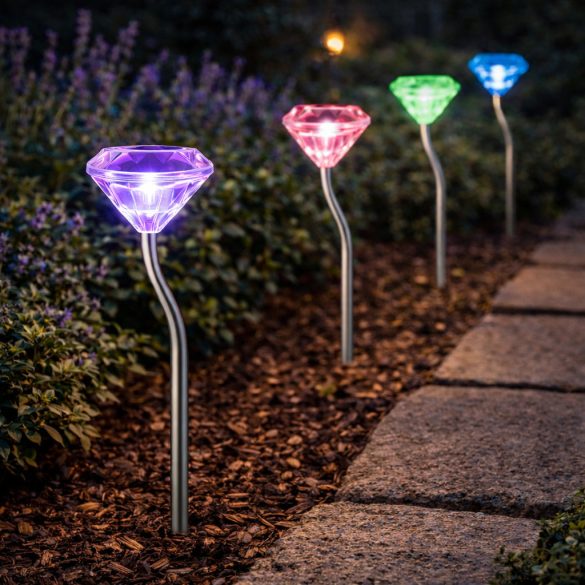 Entac Kerti Szolár Lámpa 300 mm, rozsdamentes acél, kristály forma, RGB színes fényű LED