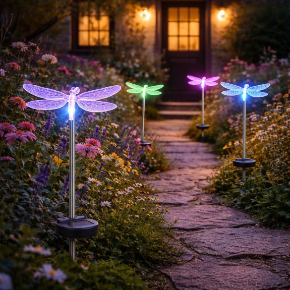 Entac Kerti Szolár lámpa 340 mm, rozsdamentes acél, szitakötő forma, színváltós RGB LED