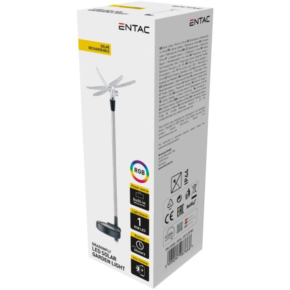 Entac Kerti Szolár lámpa 340 mm, rozsdamentes acél, szitakötő forma, színváltós RGB LED