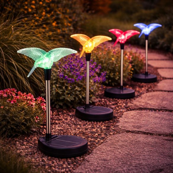 Entac Kerti Szolár Lámpa 340 mm, rozsdamentes acél, kolibri forma, színes RGB világítás