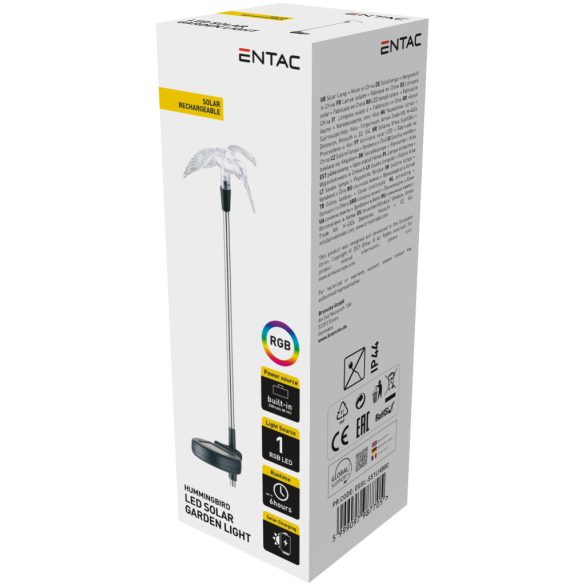 Entac Kerti Szolár Lámpa 340 mm, rozsdamentes acél, kolibri forma, színes RGB világítás