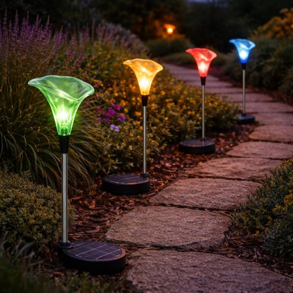 Entac Kerti Szolár lámpa 340 mm, rozsdamentes acél, kála forma, színváltós RGB LED