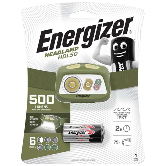 Energizer LED Fejlámpa HDL50, 500 lm, IPX7, 3xAAA