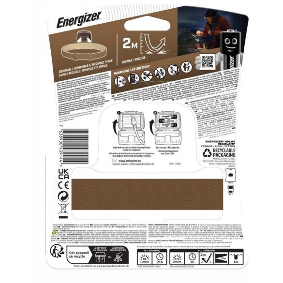 Energizer LED Fejlámpa HDL60, 575 lm, IPX7, Hybrid működés, vörös és zöld fény, 3xAAA