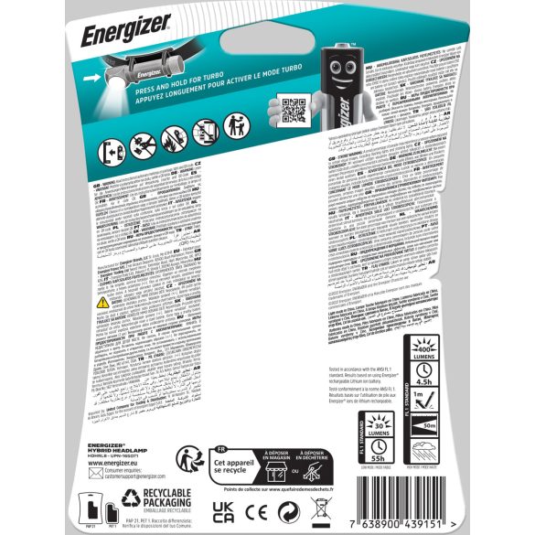 Energizer LED Fejlámpa Hybrid High Lumen, 1000 lm, IPX4, 2xCR123