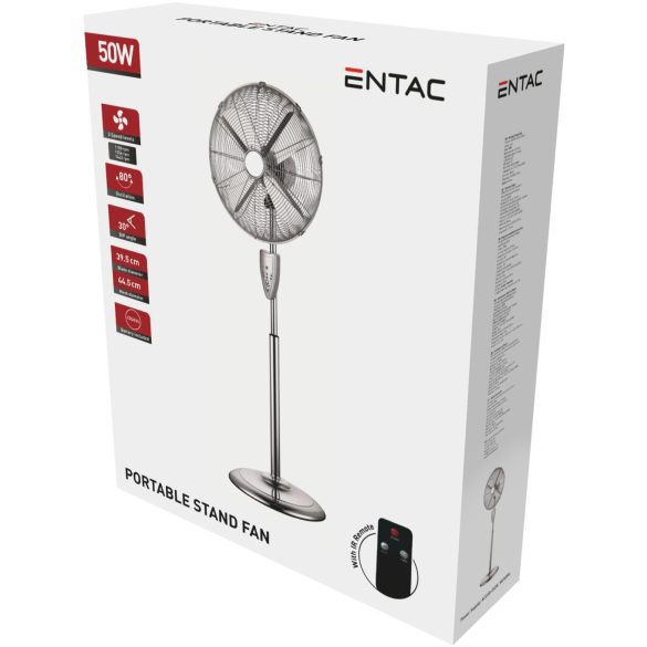 Entac Hordozható Fém Álló Ventilátor 50W, 39,5 cm lapátátmérővel, távirányítóval, 3 sebességfokozat