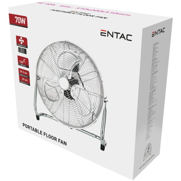 Entac Hordozható Fém Padló Ventilátor 70W, 39,5 cm lapátátmérő, 3 sebesség, 120° dönthető fejjel