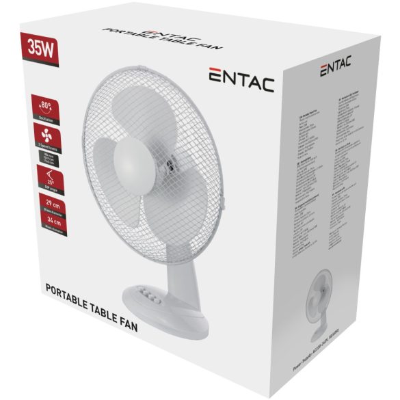 Entac Hordozható Asztali Ventilátor 35W, 3 sebességfokozat, 29 cm lapát, 80° oszcilláció, dönthető fej