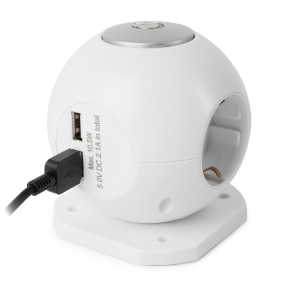 Entac USB-s Gömb Kapcsolós Elosztó 3 Aljzat, 2×USB-A, 1,5 m