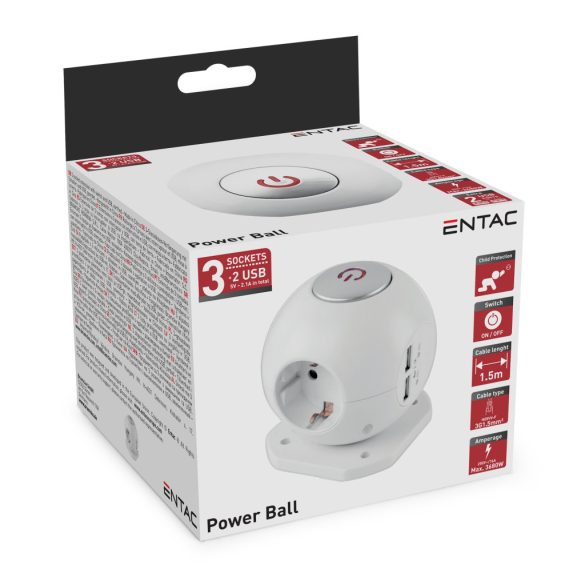 Entac USB-s Gömb Kapcsolós Elosztó 3 Aljzat, 2×USB-A, 1,5 m
