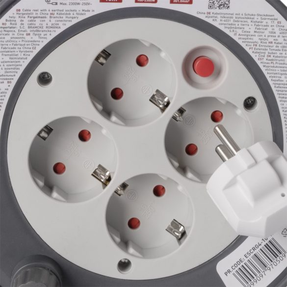 Entac Kábeldobos Hosszabbító 10m, 4 aljzat, 10A, 2300W, IP20, 3G1.0 mm² vezetékkel
