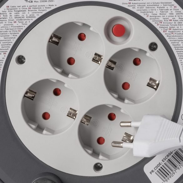 Entac Kábeldobos Hosszabbító 15m, 4 aljzat, 10A, 2300W, IP20, 3G1.0 mm² vezetékkel