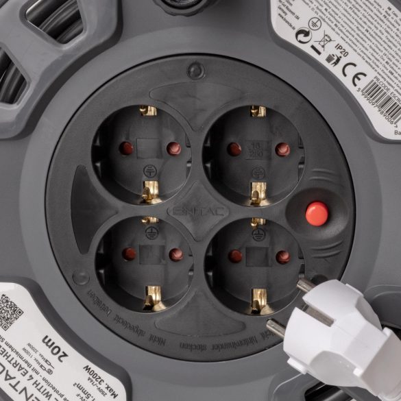Entac Kábeldobos Hosszabbító 20m, 4 aljzat, 16A, 3200W, IP20, 3G1.5 mm² vezetékkel