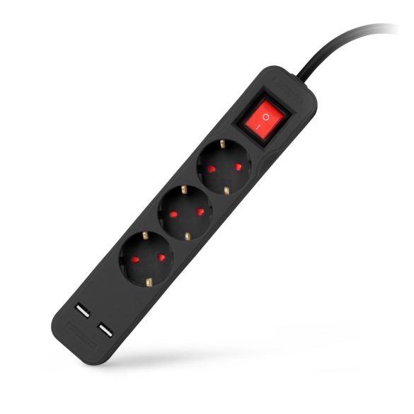 Entac USB-s Kapcsolós Elosztó 3 Aljzat, 2×USB-A, 1,5 m, Fekete