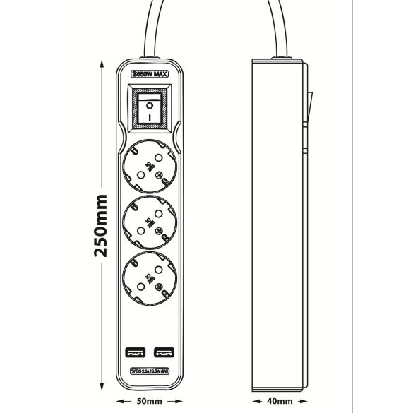 Entac USB-s Kapcsolós Elosztó 3 Aljzat, 2×USB-A, 1,5 m, Fekete