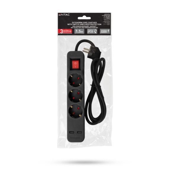 Entac USB-s Kapcsolós Elosztó 3 Aljzat, 2×USB-A, 1,5 m, Fekete