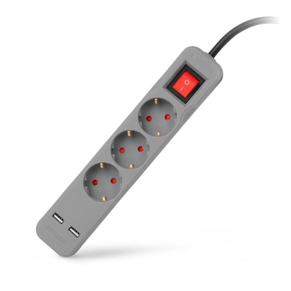 Entac USB-s Kapcsolós Elosztó 3 Aljzat, 2×USB-A, 1,5 m, Szürke