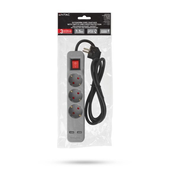 Entac USB-s Kapcsolós Elosztó 3 Aljzat, 2×USB-A, 1,5 m, Szürke