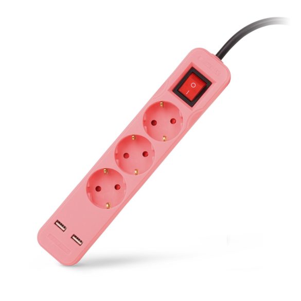Entac USB-s Kapcsolós Elosztó 3 Aljzat, 2×USB-A, 1,5 m, Rózsaszín