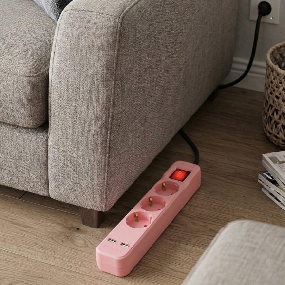Entac USB-s Kapcsolós Elosztó 3 Aljzat, 2×USB-A, 1,5 m, Rózsaszín