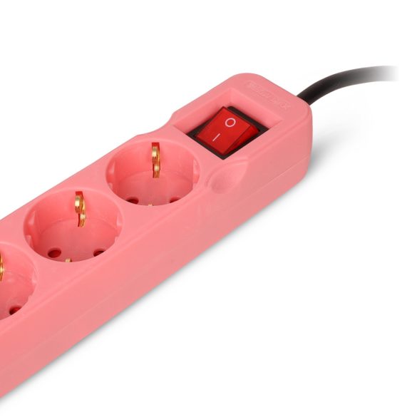 Entac USB-s Kapcsolós Elosztó 3 Aljzat, 2×USB-A, 1,5 m, Rózsaszín