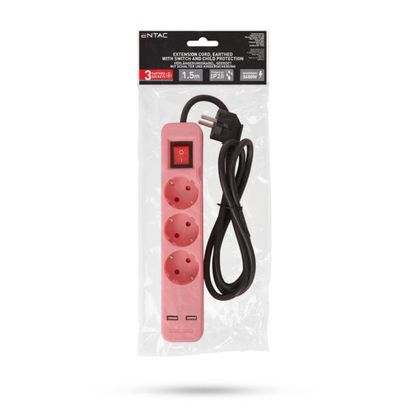 Entac USB-s Kapcsolós Elosztó 3 Aljzat, 2×USB-A, 1,5 m, Rózsaszín