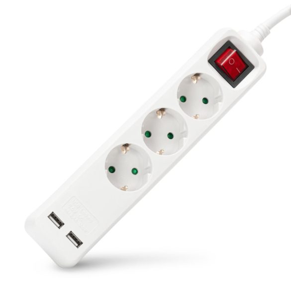 Entac USB-s Kapcsolós Elosztó 3 Aljzat, 2×USB-A, 1,5 m