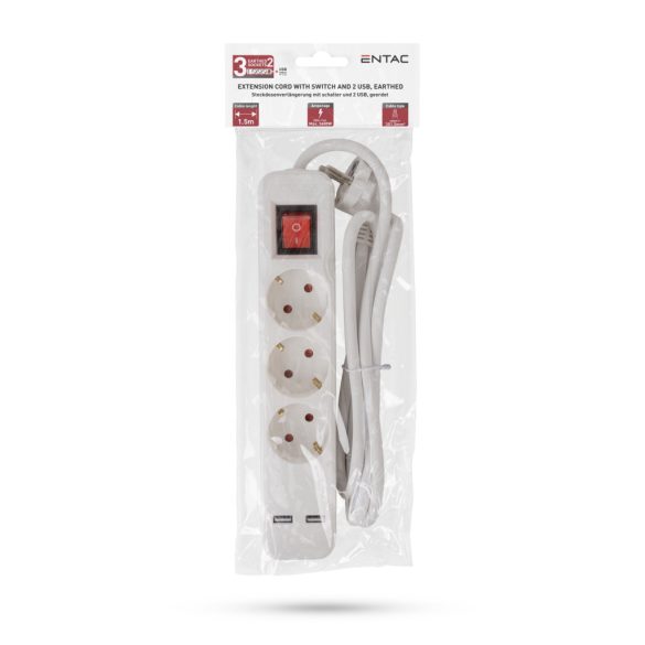 Entac USB-s Kapcsolós Elosztó 3 Aljzat, 2×USB-A, 1,5 m