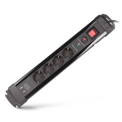   Entac Túlfeszültségvédős USB-s Kapcsolós Elosztó 4 Aljzat, 2×USB-A, 2 m