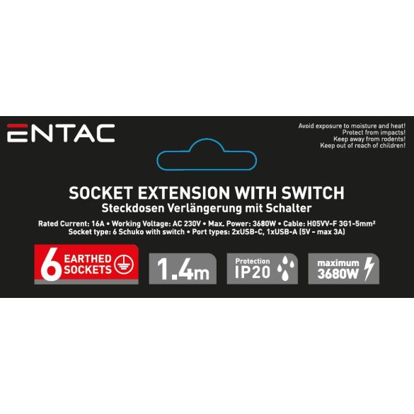 Entac USB-s Kapcsolós Elosztó 6 Aljzat, 2×USB-C + 1×USB-A, 1,4 m, Fehér