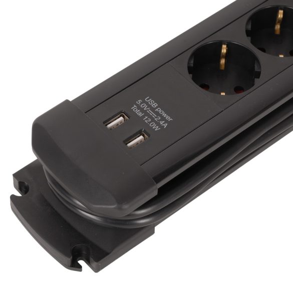 Entac Túlfeszültségvédős USB-s Kapcsolós Elosztó 6 Aljzat, 2×USB-A, 2 m