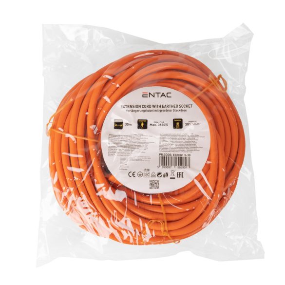 Entac Lengő Hosszabbító 30m, 1 aljzat, 16A, 3680W, 3G1.5, IP20, narancssárga