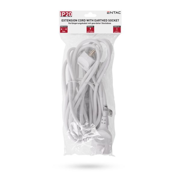Entac Lengő Hosszabbító 5m, 1 aljzat, 16A, 3680W, IP20, 3G1.5 mm² vezetékkel, fehér