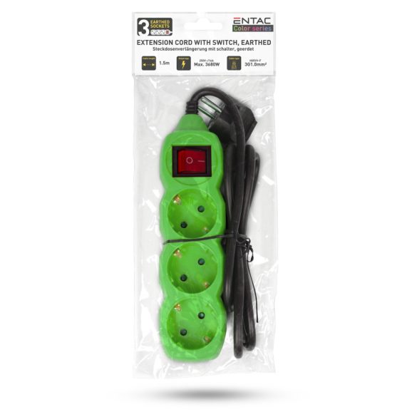 Entac Kapcsolós Földelt Elosztó 3 Aljzat, 1,5 m, Zöld