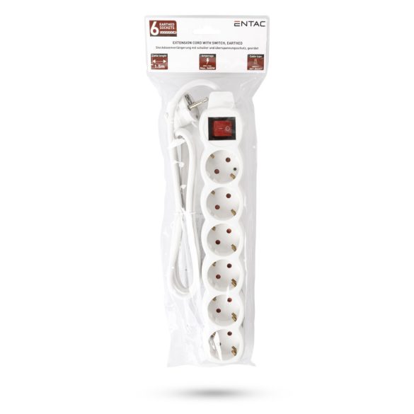 Entac Kapcsolós Földelt Elosztó 6 Aljzat, 1,5 m, 3G1.0, Fehér