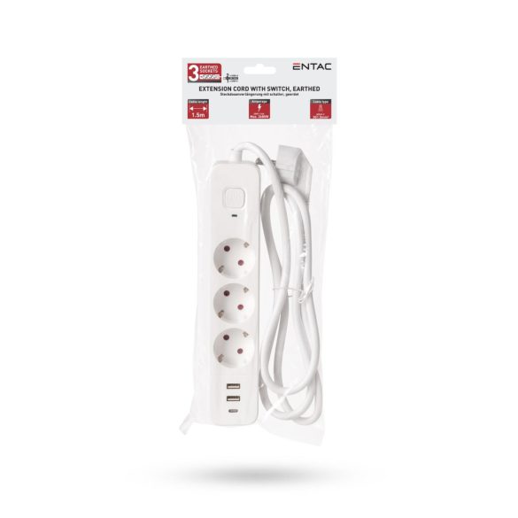 Entac USB-s Kapcsolós Elosztó 3 Aljzat, 2×USB-A + 1×USB-C, 1,5 m