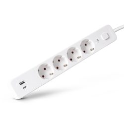   Entac USB-s Kapcsolós Elosztó 4 Aljzat, 1×USB-A + 1×USB-C, 1,5 m