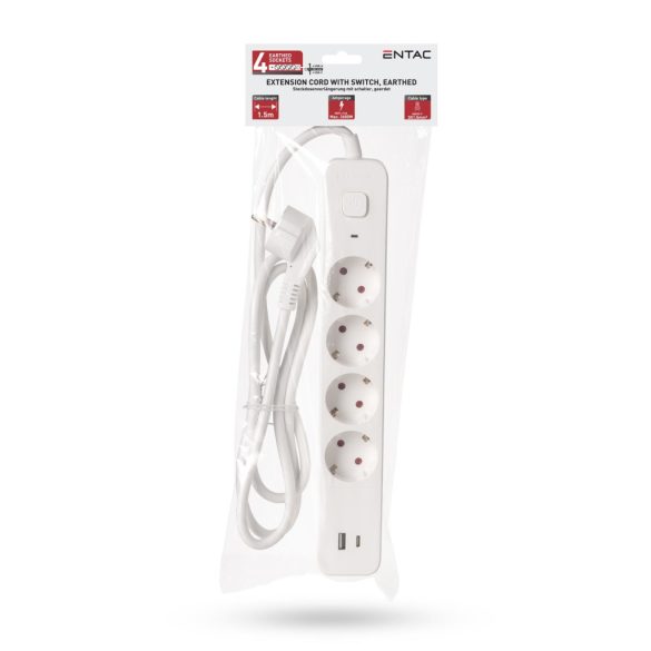 Entac USB-s Kapcsolós Elosztó 4 Aljzat, 1×USB-A + 1×USB-C, 1,5 m