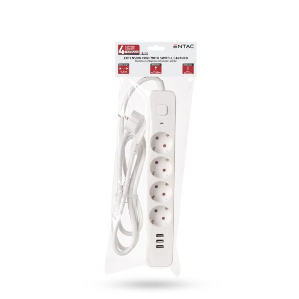 Entac USB-s Kapcsolós Elosztó 4 Aljzat, 3×USB-A, 1,5 m