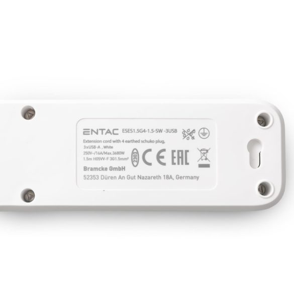 Entac USB-s Kapcsolós Elosztó 4 Aljzat, 3×USB-A, 1,5 m