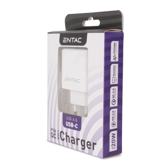 Entac 20W hálózati gyorstöltő USB-A + USB-C PD & QC fehér